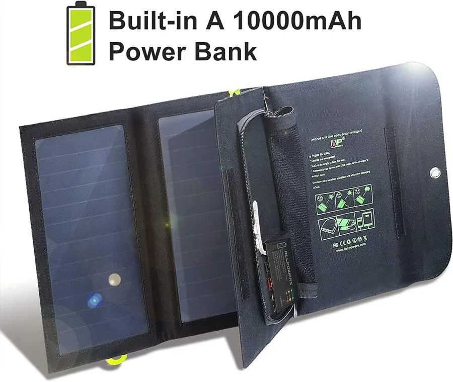 Skladateľná solárna nabíjačka Allpowers 21W a 5V/9V/12V 3xUSB + 10000mAh batéria