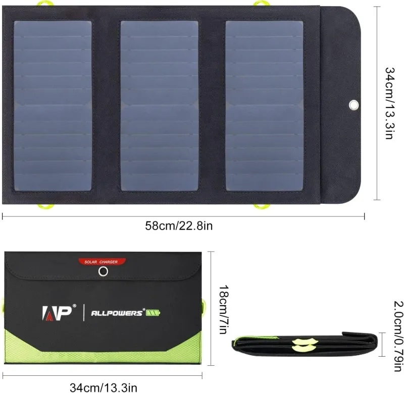 Skladateľná solárna nabíjačka Allpowers 21W a 5V/9V/12V 3xUSB + 10000mAh batéria